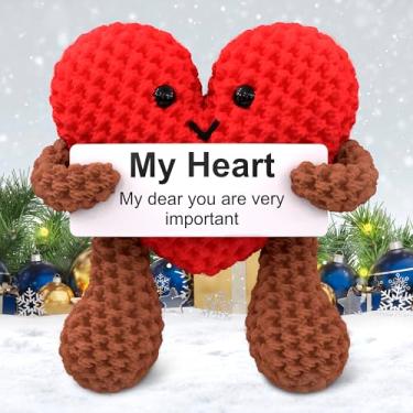 Imagem de Coração de suporte emocional tricotado – pelúcia de crochê macio com cartão motivacional, presente compacto de lembrança de dia dos namorados para ele, ela, presente edificante para mulheres, namorada