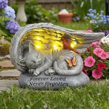 Imagem de Pedras comemorativas de gato com asa de anjo solar borboleta cardeal 20 cm, marcadores de túmulo de gato dormindo ao ar livre à prova d'água para animais de estimação perda, presente de simpatia para
