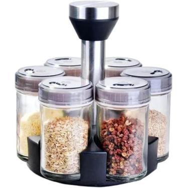 Imagem de Porta Condimentos Giratório 360° com 6 Potes – Organizador de Temperos em Vidro, Base Compacta e Design Moderno para Cozinha Prática e Elegante