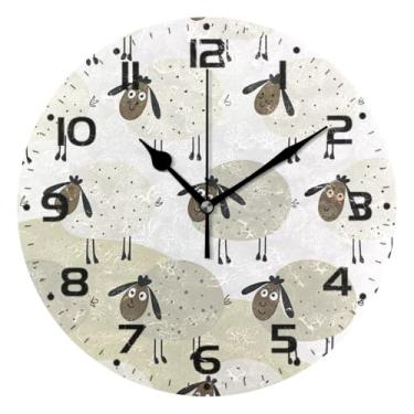 Imagem de JUZIHAI Relógio de parede com desenho animado de ovelhas silencioso, sem tique-taque, relógios de parede redondos operados por bateria, fácil de ler, relógio decorativo de parede para casa, cozinha