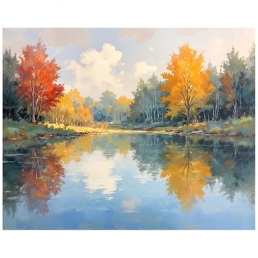 Imagem de Kit de pintura de paisagem por números para adultos - Árvores de outono DIY com pintura reflexiva de lago em tela 40,6 x 50,8 cm, conjunto de tinta acrílica, adequado para iniciantes, arte de parede