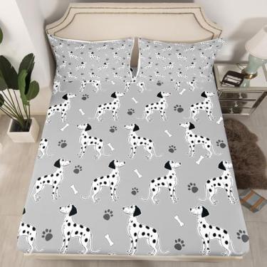 Imagem de Erosebridal Jogo de lençol Queen com estampa de cachorro fofo de animal e cachorro, adorável dálmata para amantes de cães, lençol com elástico, para meninos e meninas