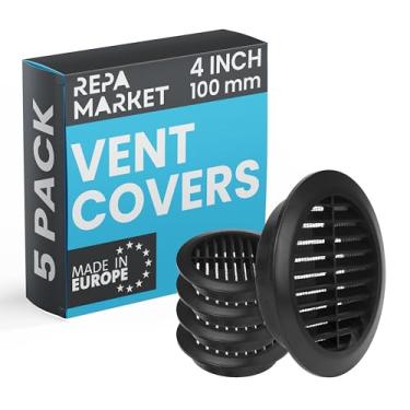 Imagem de Repa Market Tampa de saída de ar redonda preta de 10 cm (abertura) - Pacote com 5 - Grelha com venezianas de plástico - Ventilação Soffit com tela de malha - dutos HVAC, teto, ventilação de parede