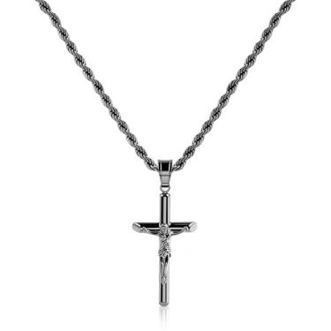 Imagem de ALEXCRAFT Colar de cruz banhado a prata esterlina para homens, colares de cruz banhados a ouro para mulheres, pingente moderno de crucifixo de aço inoxidável com corrente de corda de 53 cm de 3 mm