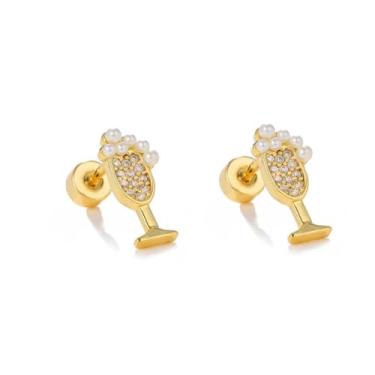 Imagem de Brincos fofos de champanhe para cartilagem de taça de vinho com parafuso nas costas pequenas e planas brincos de pérola imitação de cristal para Helix Tragus perfurado para mulheres, joias delicadas