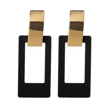 Imagem de Aloha Earrings Brincos de pressão não perfurados em tom dourado e retangular preto pendurados