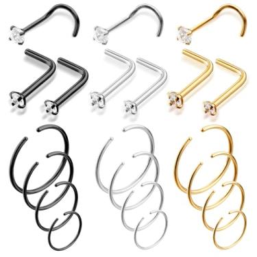 Imagem de Tucnoeu 21 anéis de nariz de argola, conjunto de argola de aço cirúrgico, joia de piercing de narina preta em ouro prateado, saca-rolhas em forma de L, 6 mm, 8 mm, 10 mm, 12 mm