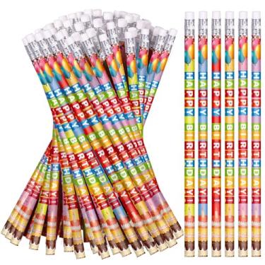 Imagem de Zhirlyn Lápis de feliz aniversário para estudantes, lápis coloridos de aniversário com borrachas superiores, professores, sala de aula, presentes de aniversário, suprimentos de festa (120)