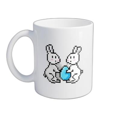 Imagem de Caneca Xícara de Café Porcelana 300ml Coelhos Pixel Ovo Azul Design Retro