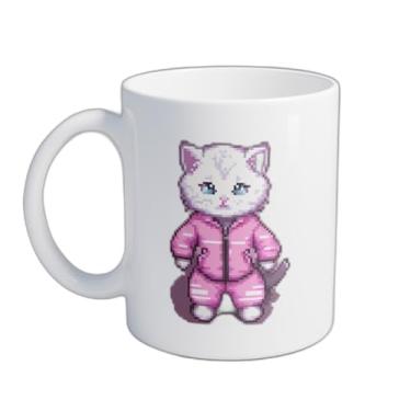 Imagem de Caneca Xícara de Café Porcelana 300ml com Gato Branco Terno Rosa Pixel Art