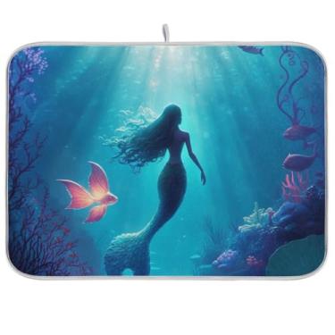 Imagem de Tapete de secagem de pratos azul sereia subaquático para balcão de cozinha, tapete de café reversível, escorredor de pratos de secagem rápida para decoração de bancada de cozinha, 45 x 61 cm
