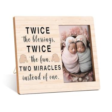 Imagem de Qiwog Porta-retrato de gêmeos - Duas vezes as bênçãos duas vezes a diversão anúncio de gravidez porta-retrato - presente de elefante bebê solteiro - presentes para meninos e meninas gêmeos para mamãe