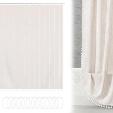 Imagem de Tcwhniev Cortina de chuveiro de tecido Boho Farmhouse, cortina de chuveiro moderna de linho de poliéster para decoração de banheiro vintage borla country pano grosso branco/bege/verde/café 182 x 182