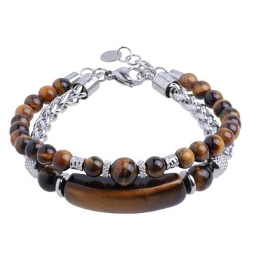 Imagem de Nupuyai Pulseira de cristal de camada dupla com tubo curvo e contas redondas de 6 mm em aço inoxidável, design unissex de comprimento ajustável com placa de gravação DIY, 8“, Pedra olho de tigre