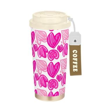 Imagem de TSENQUE Caneca de café de viagem de 473 ml com tampa de canudo e filp, copo de café de aço inoxidável isolado a vácuo à prova de vazamento, corações de desenhos animados rosa branco