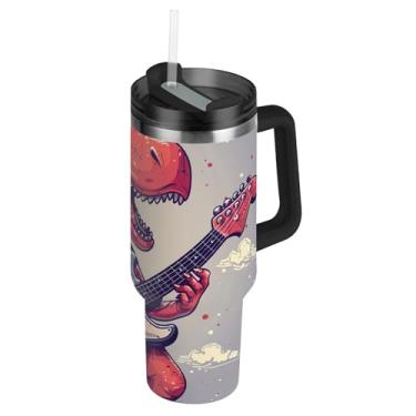 Imagem de Joisal Copo com alça de 850 g Copos de aço inoxidável com tampa e canudo Garrafa de água isolada fofa à prova de vazamento, caneca de café quente para carros dinossauro vermelho tocando guitarra