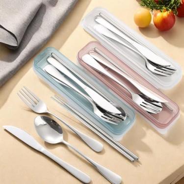 Imagem de Conjunto de utensílios portáteis de aço inoxidável com capa, conjunto de talheres reutilizáveis de 3 peças (garfo, colher, faca) para almoço, piquenique e acampamento (rosa)