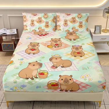 Imagem de AILONEN Jogo de lençol solteiro com desenho de capivara, kawaii, animal roedor, para crianças, meninos e meninas, lençol com elástico alto, capivara de frutas fofas, 2 fronhas, 3 peças