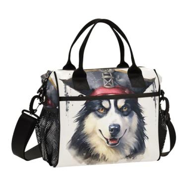 Imagem de GAIGEO Cachorro Husky fofo usando um chapéu de pirata, lancheira isolada para adultos, lancheira isolada com alças, lancheiras femininas, M