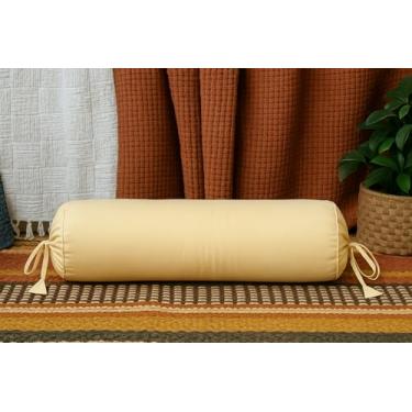 Imagem de SAFFRON HANDICRAFTS Capa de almofada redonda, gola cervical, rolo de algodão, almofada cilíndrica e fecho de cordão, fronha de pescoço redondo 15 x 45 cm, bege