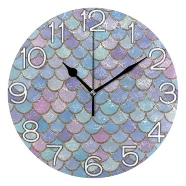 Imagem de GAIGEO Relógio de parede colorido com escamas de sereia analógico decorativo relógio de cozinha rústico operado a bateria, arte de parede boho decoração de casa, 25 cm, ponteiros pretos