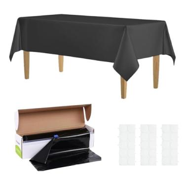 Imagem de KAshack Rolo de toalha de mesa de plástico, capa de mesa com caixa de corte deslizante conveniente - toalhas de mesa pretas descartáveis para churrasco, festa, aniversário, casamento, ao ar livre com