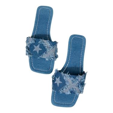 Imagem de Floerns Sandália jeans feminina Star Raw Hem Square Open Toe Sandália rasteira para férias, Azul, 37