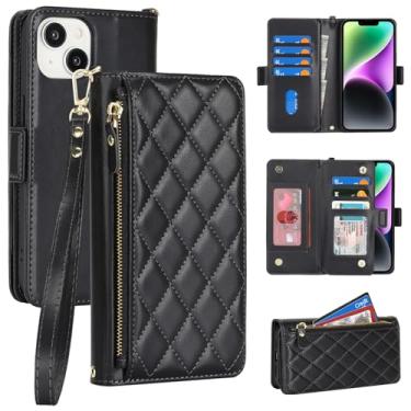 Imagem de Jaorty Compatível com iPhone 13/14 Capa carteira flip para Apple 14 couro PU preto, losango para mulheres e homens, bolso com zíper, suporte, alça de pulso, porta-cartão, 6,1 polegadas
