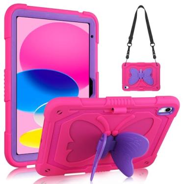 Imagem de VOFUOE Capa para iPad A16 11ª geração 2025 11 polegadas, capa para iPad 10ª geração 2022 10,9 polegadas para crianças com suporte de borboleta alça de ombro suporte para lápis capa dura - rosa choque