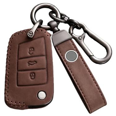 Imagem de Capa protetora para chave remota de carro de couro, capa protetora, acessórios para chaveiro automotivo, compatível com Skoda Octavia/A5/Fabia/Superb/Kodiaq(B-brown ring)