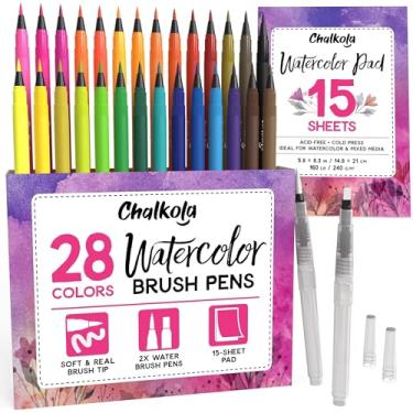 Imagem de Canetas de pincel de aquarela | 28 cores com 15 folhas acolchoamento de aquarela e 2 pincéis de mistura – marcadores de tinta para pintura, coloração, caligrafia, desenho para crianças, artistas, pintores iniciantes – pontas realmente flexíveis