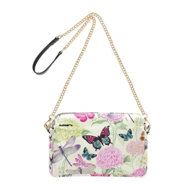 Imagem de Bolsa feminina borboleta libélula hortênsia transversal bolsa de ombro de couro PU alça de corrente bolsa para celular