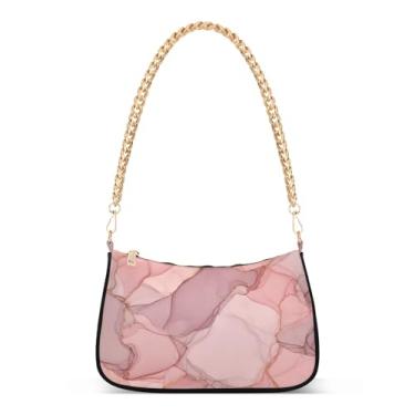 Imagem de Bolsa de ombro com corrente de veias douradas em mármore rosa macio, bolsa feminina Hobo, bolsa média moderna para uso diário e noturno