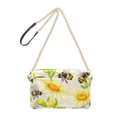 Imagem de Joitme Bolsa tiracolo feminina, abelhas, margaridas, pétalas amarelas, bolsa para celular, alça de corrente, bolsa de ombro de couro PU