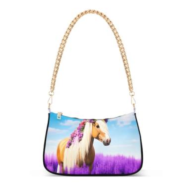 Imagem de Bolsa de ombro com corrente floral roxa animal cavalo fofo, bolsa feminina Hobo, bolsa de mão com estampa artística para todos os dias e festas