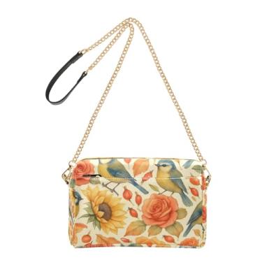 Imagem de Joitme Bolsas femininas bolsa transversal para celular bolsa de ombro de couro PU com alça de corrente aquarela pássaros girassóis bege
