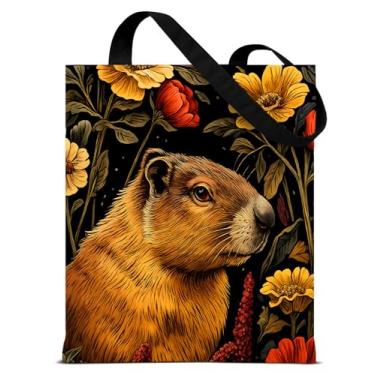 Imagem de QYCFDXD Bolsa de ombro vintage capivara floral de lona para mulheres, capivara escura, botânica, estética, reutilizável, bolsa de ombro para compras, compras, viagens, trabalho, praia