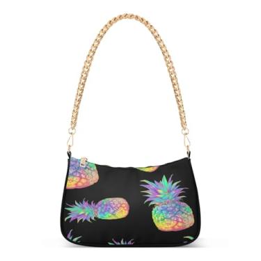 Imagem de Bolsa de ombro de corrente preta brilhante arco-íris de abacaxi, linda bolsa de mão média para mulheres, bolsa clutch Hobo moderna