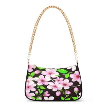 Imagem de Bolsa de ombro preta com corrente de flores de cerejeira rosa, bolsa de mão Hobo feminina para uso diário e noite