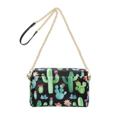 Imagem de Joitme Bolsa tiracolo feminina cactos preta bolsa de couro PU bolsa de ombro alça de corrente