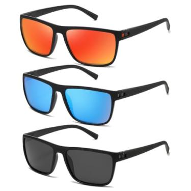 Imagem de (Pacote com 3) Óculos de sol quadrados polarizados para homens e mulheres, estilo vintage, para dirigir, viajar, proteção UV, Preto mudo + vermelho + azul