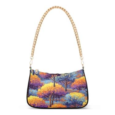 Imagem de Bolsa de ombro colorida com estampa de árvores, bolsa Hobo média artística para mulheres, bolsa casual e elegante com grande capacidade
