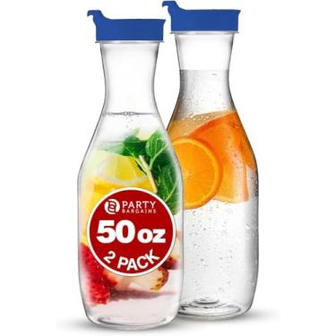 Imagem de Party Bargains Jarra de plástico com tampas de 1,5 ml - transparente, 2 unidades, tampa flip azul qualidade premium e jarra de plástico resistente para chá gelado, suco em pó, cold brew, barra de Mimosa
