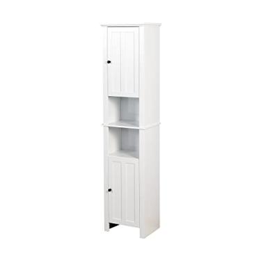 Imagem de SPOFLYINN Armário de piso de banheiro independente 2 portas com prateleiras ajustáveis Armário organizador de armazenamento de madeira para banheiro e sala de estar 15,75 L x 11,8 cm D x 67 A branco