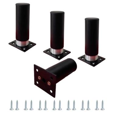 Imagem de HTMOVAET Conjunto de 4 pernas de móveis – pernas de armário de liga de alumínio ajustáveis pretas de 10 cm de diâmetro com parafusos de montagem para prateleiras de sofá, cômoda, armário de mesa