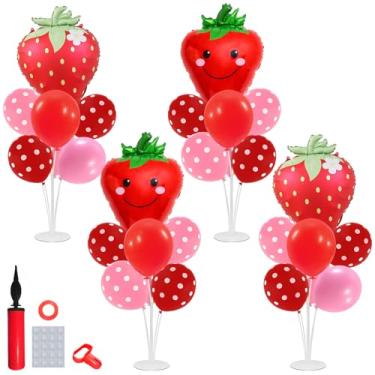 Imagem de Klyroish Strawberry Theme Balloon Stand Set - Red Pink Polka Dot Balloons with Strawberry Foil Baloon Decor for Berry First Birthday Parties, Baby Showers, Fruit-Themed Events - 4Set