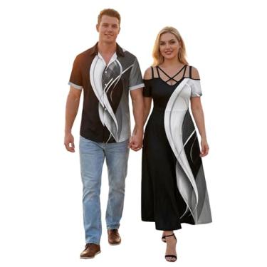 Imagem de ROSE GAL Camisa masculina havaiana geométrica para casais combinando com ombro vazado, manga curta, vestido midi combinando (feminino/preto_1/G)