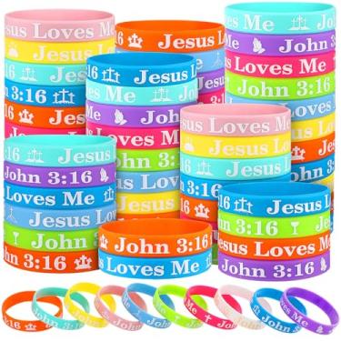 Imagem de Tondiamo 150 pulseiras Jesus Loves Me John 3: 16 pulseiras de versículo da Bíblia a granel inspirador citação motivacional pulseiras de borracha Faith Hope Presente religioso cristão para homens