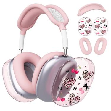 Imagem de BlHMCASE Capa de fone de ouvido para AirPods Max, capa de fone de ouvido transparente com estampa de leopardo, coração, cereja, laço transparente, capa de silicone rosa para Apple AirPods Max