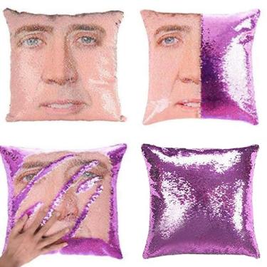Imagem de LydeLog Nicolas Cage Fronhas de Lantejoulas Presentes Engraçados Capa de Almofada de Lantejoula Reversível Capa de Almofada Decorativa 40,6 x 40,6 cm (Roxo 2 Peças)